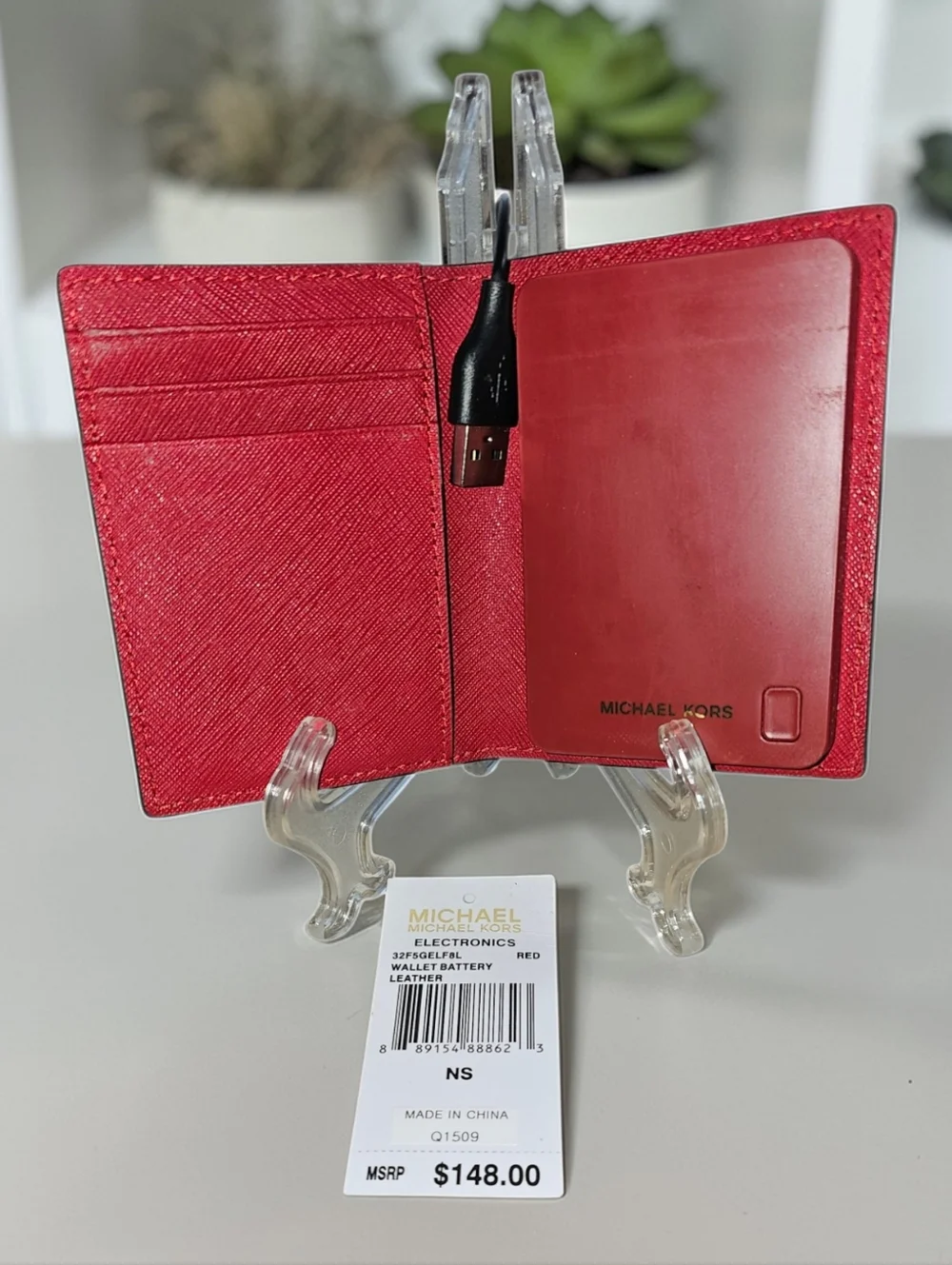 NWT Michael Kors Red Saffiano Leather Power Bank Wallet Tech Charger $148